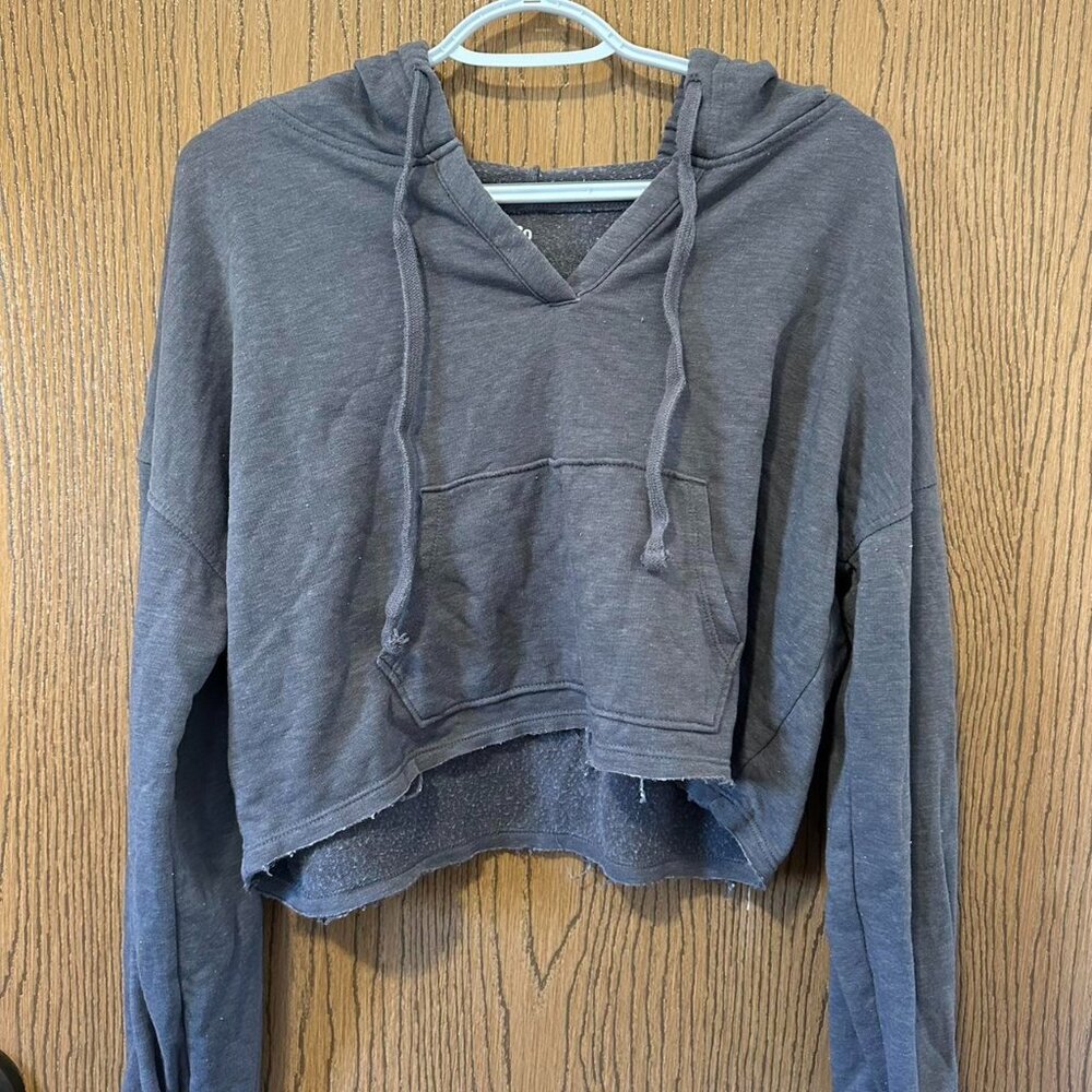 Grey cropped hoodie with a distressed look